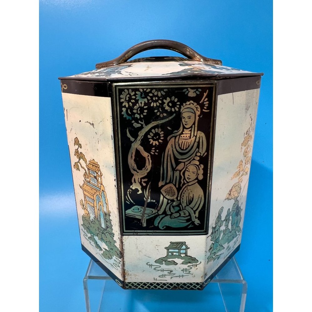 Peek, Frean & Co London England Royal Tin Asian Inspired Octagonal Lid Vintage